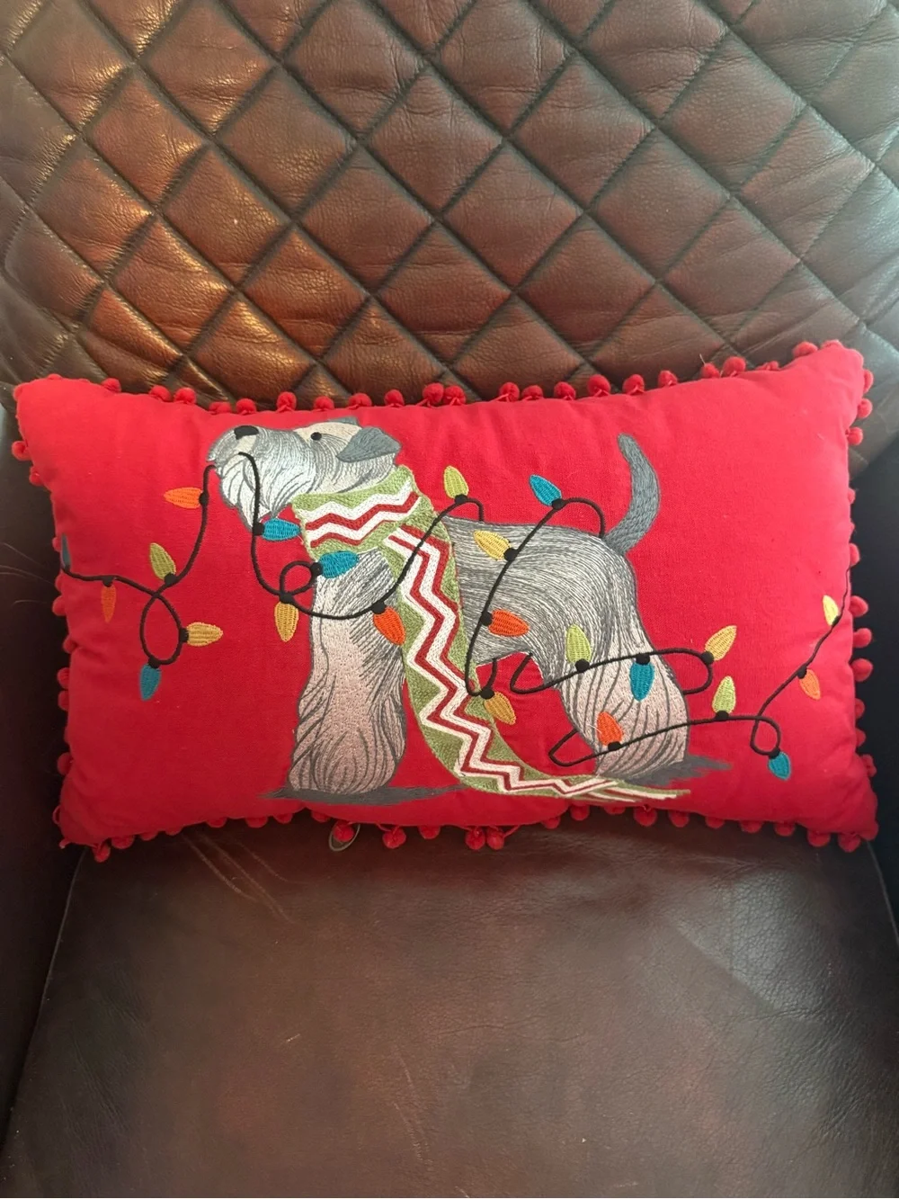 Pier 1 Schnauzer Dog Christmas Pillow Light Up Flashing Pom-Pom Trim